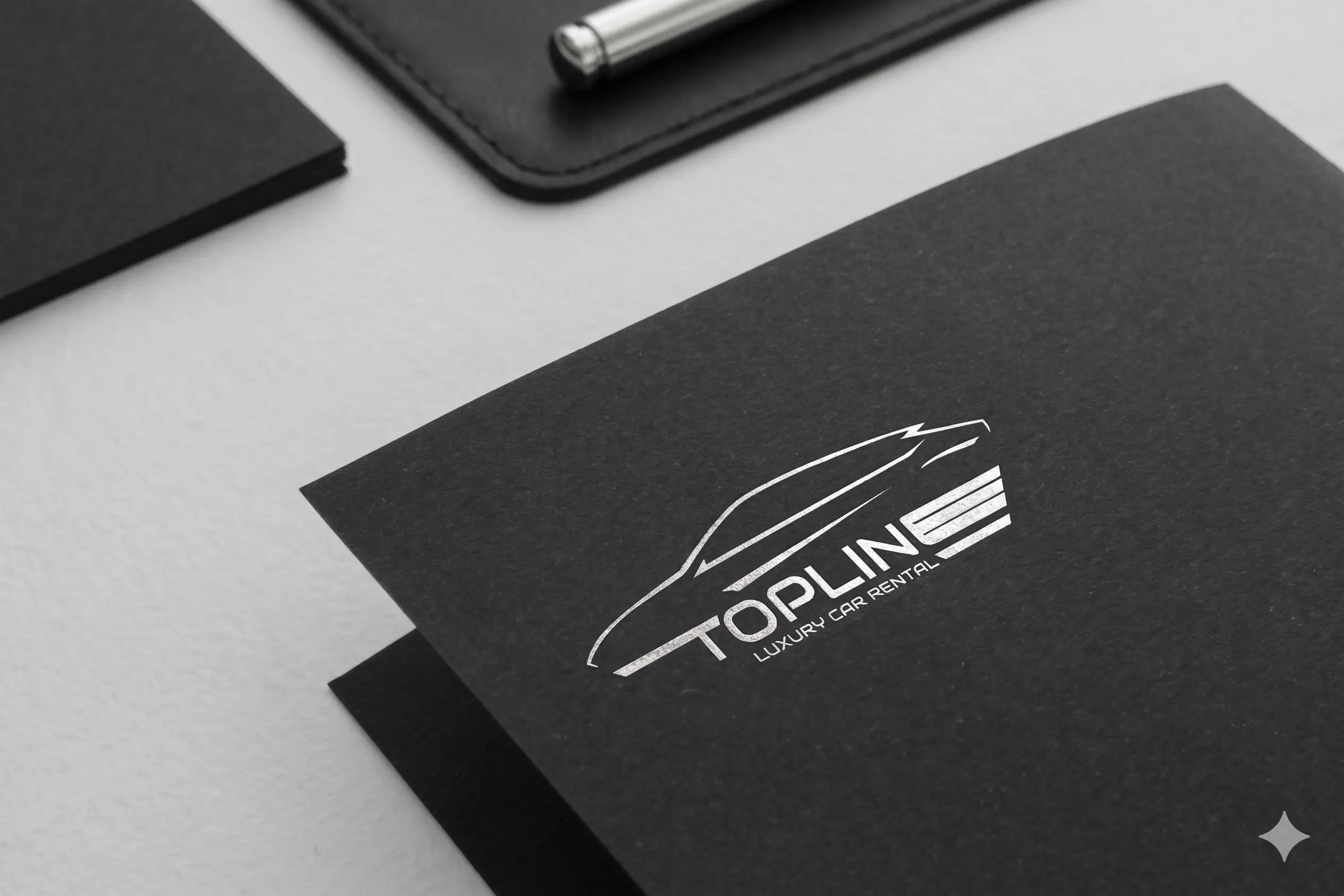 A silver-embossed luxury car rental logo featuring the name 'TOPLINE LUXURY CAR RENTAL' beneath a sleek car silhouette, displayed on a textured matte black folder in a professional desk setting.