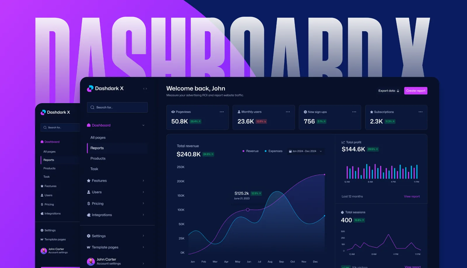 Dark analytics SaaS dashboard design with charts, metrics and sidebar navigation