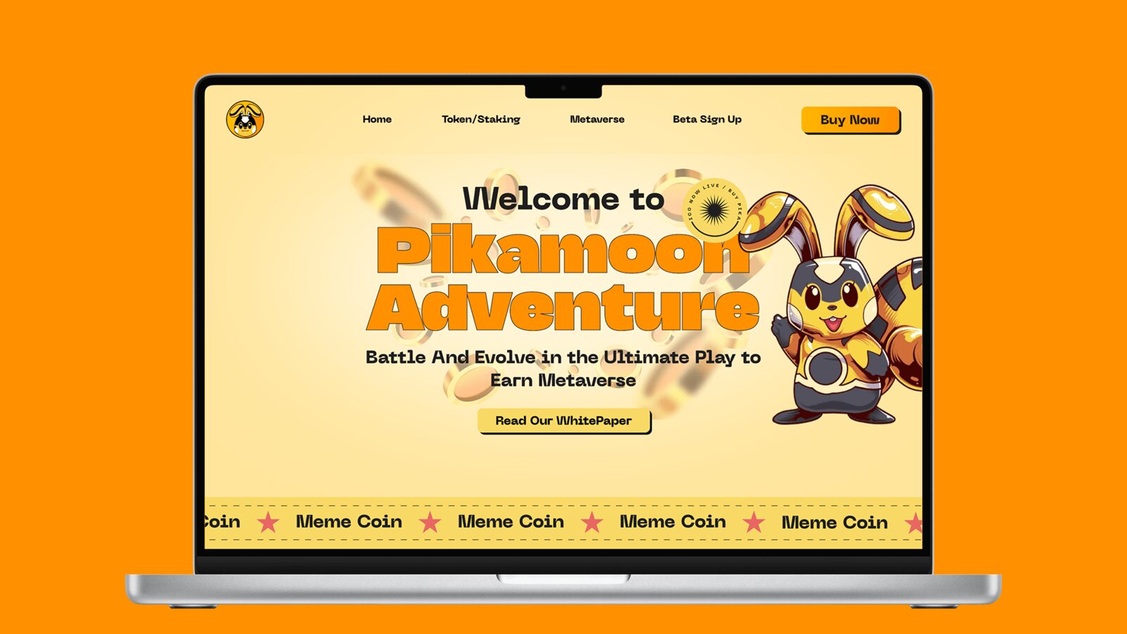 Pikamoon crypto landing page design mockup displayed on a laptop